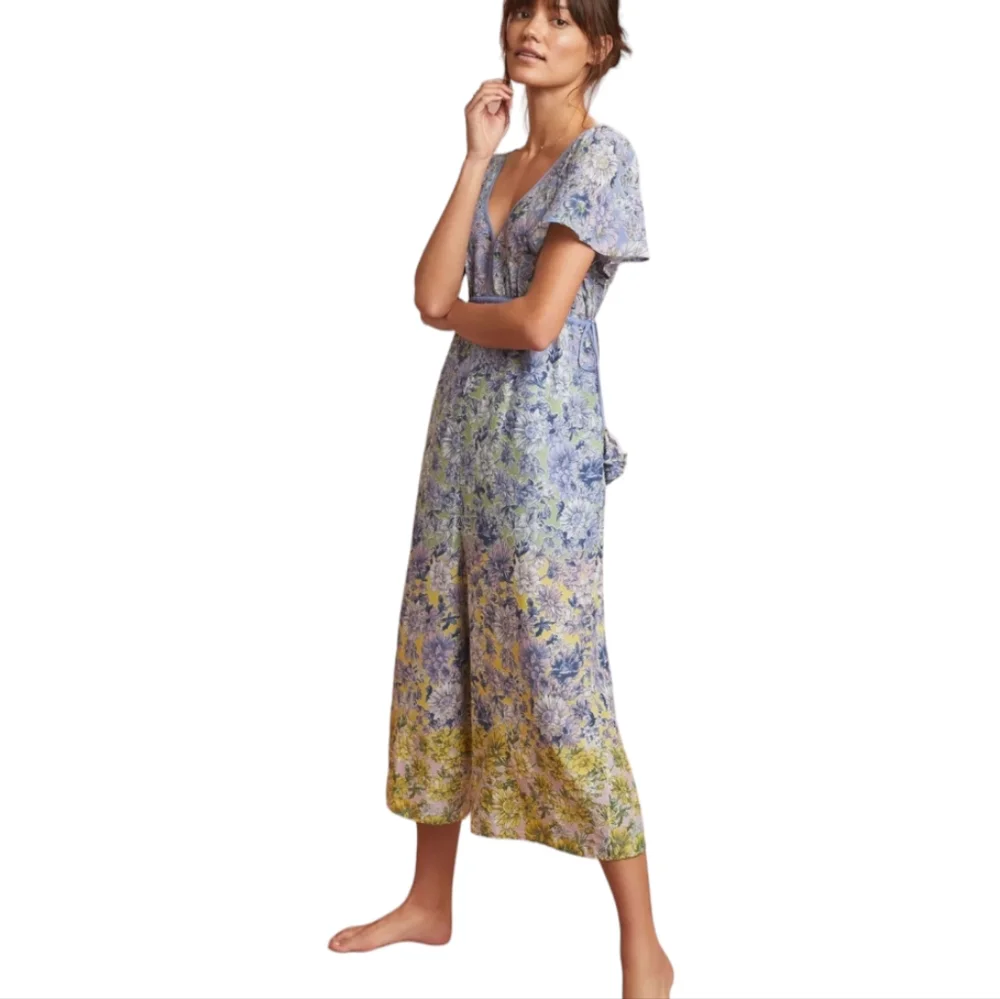 Anthropologie Romerio Sleep Jumpsuit Purple Floral Tassels Size Small‎